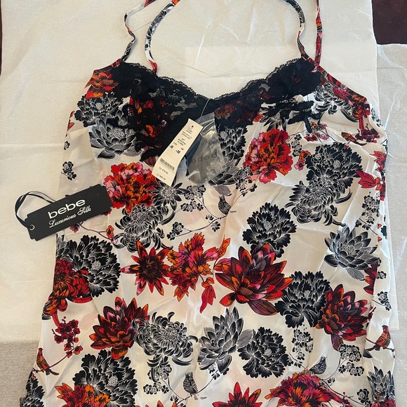 Rare! NWT! Bebe Silk Camisole Flowers Birds Lace Medium - Picture 1 of 12